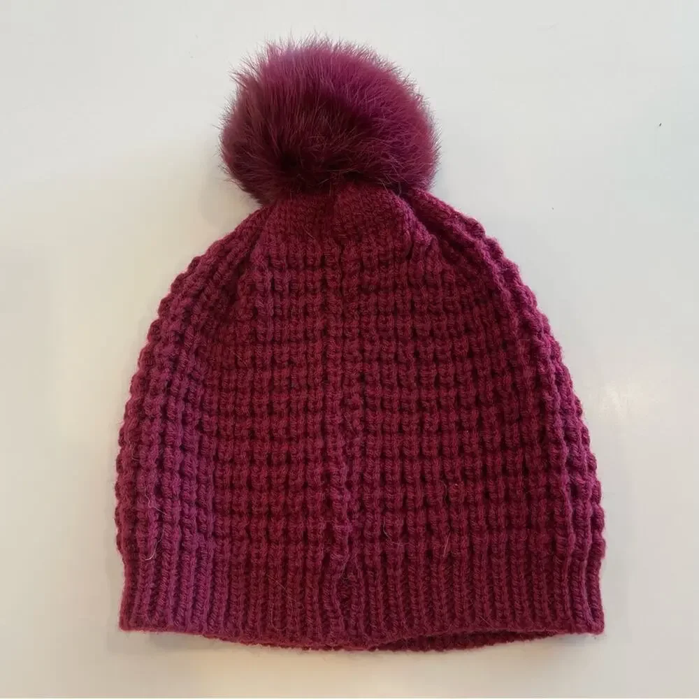 Burgundy Knit Beanie with Red Rhinestones & Faux Fur Poof